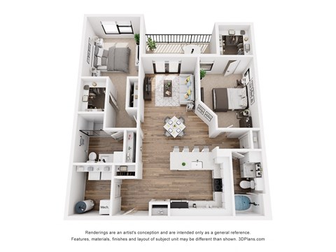 Floor plan for 2 beds, 2 baths, 1235 sqft